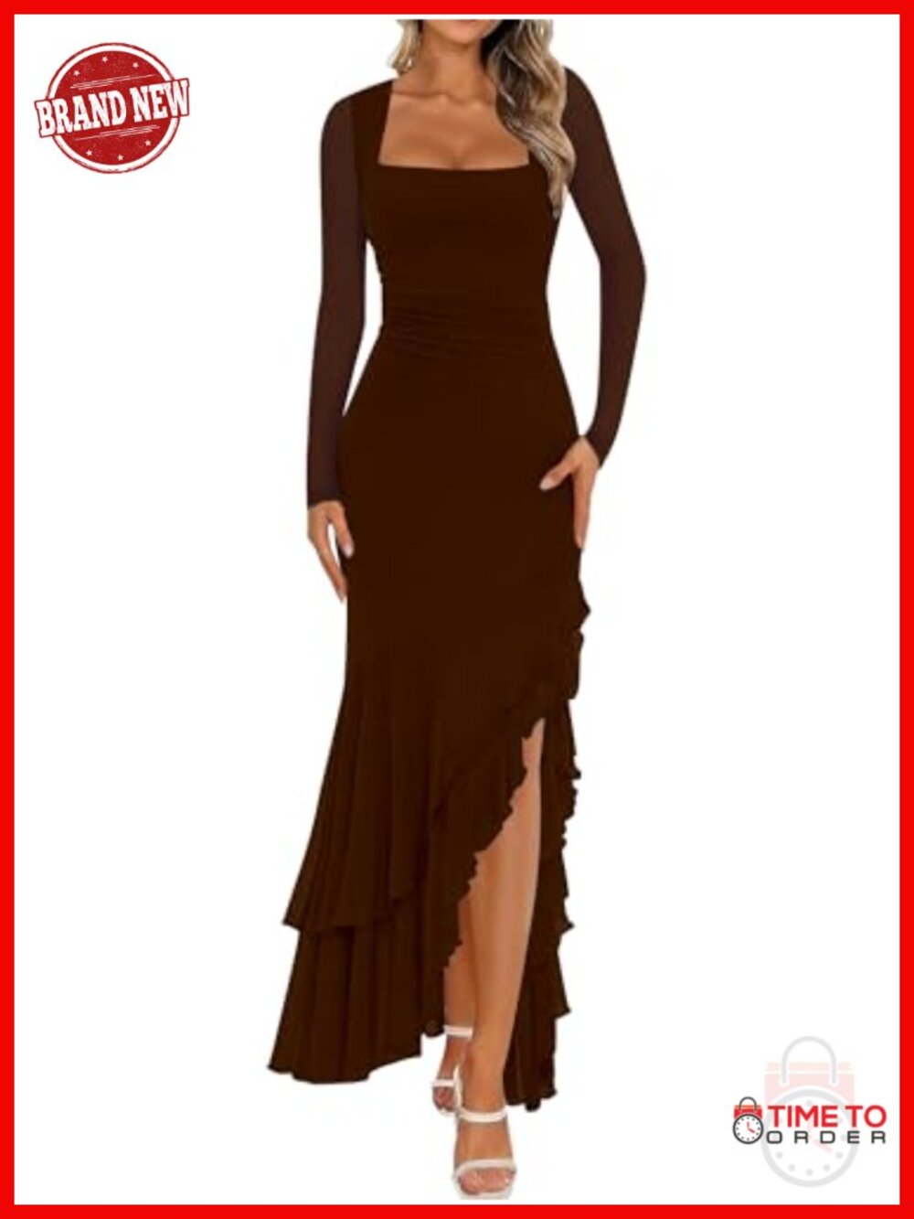 Mesh Long Sleeve Bodycon Maxi Dress High Slit Cocktail Party